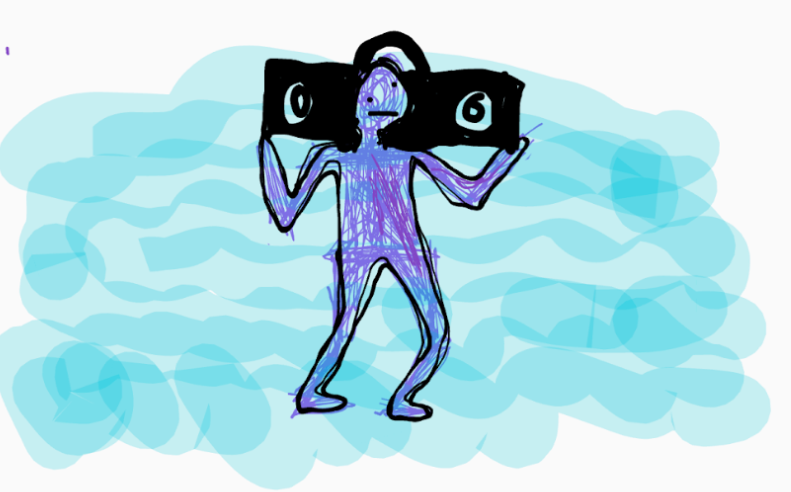 student art purple human carrying boombox