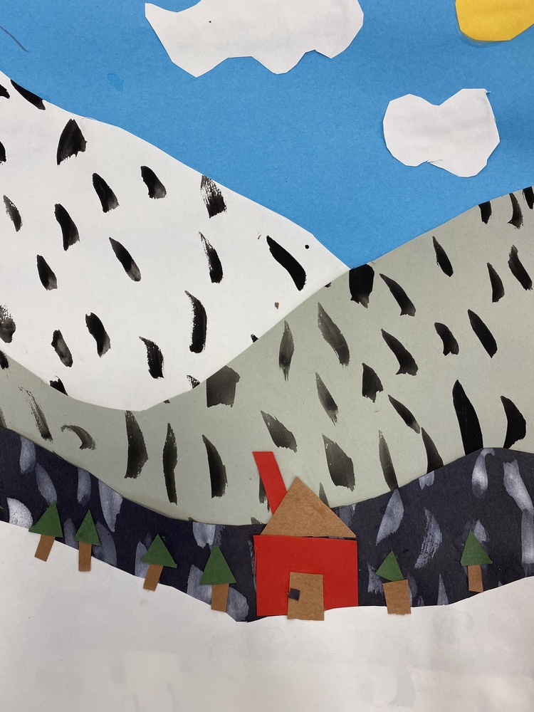 collage art of hills of greys, black and white a red and brown house and many trees