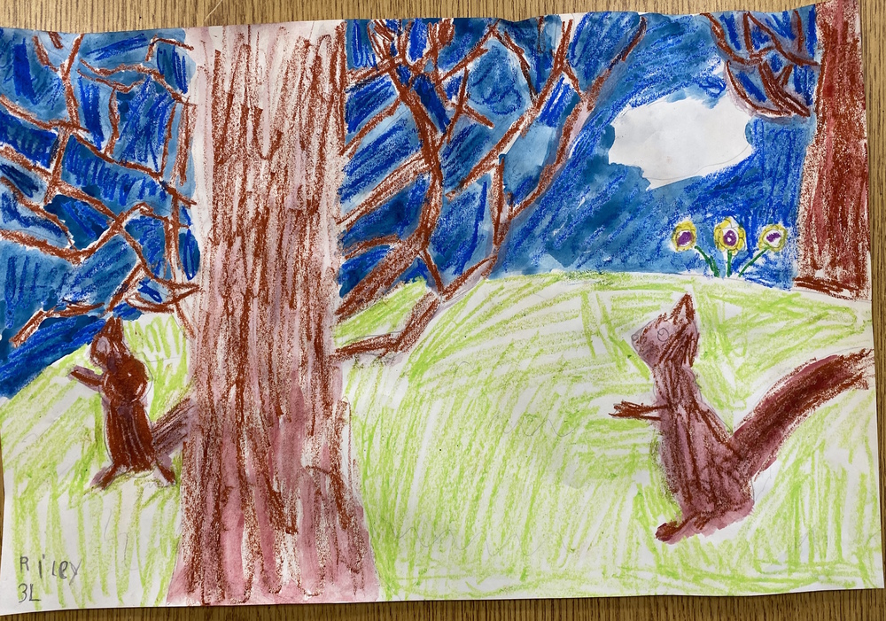 student art squirrels trees green grass blue sky