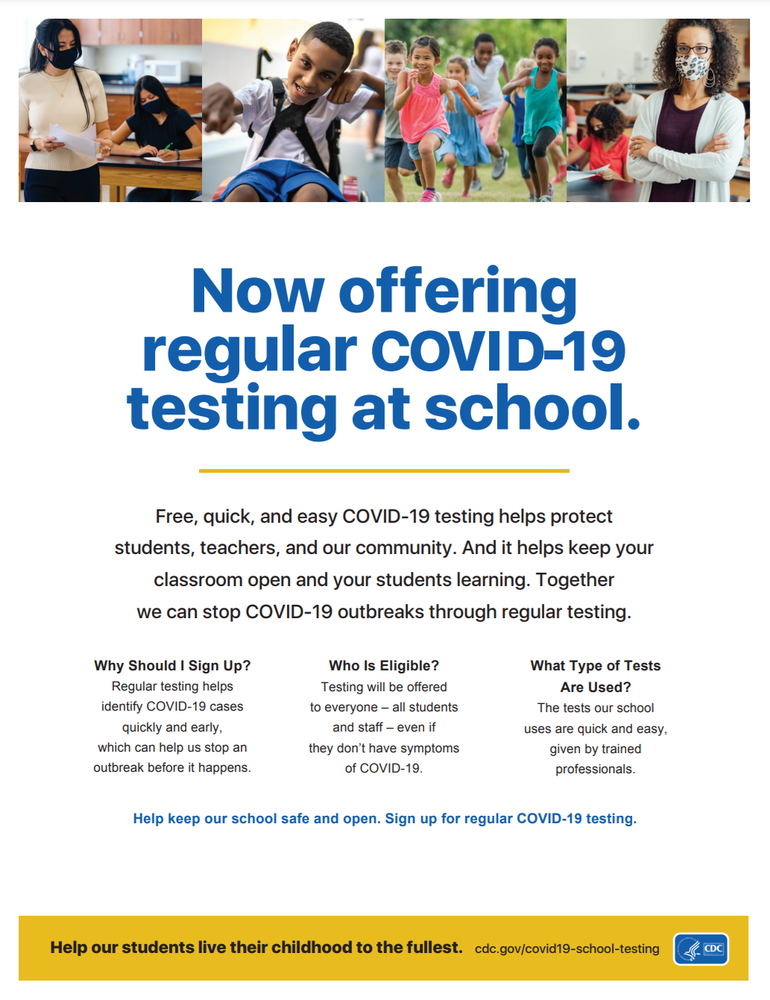 Flyer depicting students and teachers in school settings to promote COVID testing