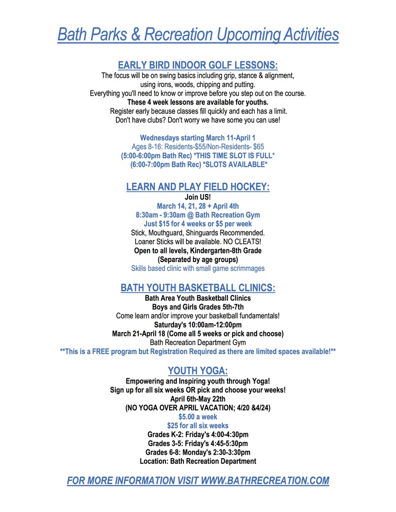 Bath Parks & Recreation Upcoming Activities