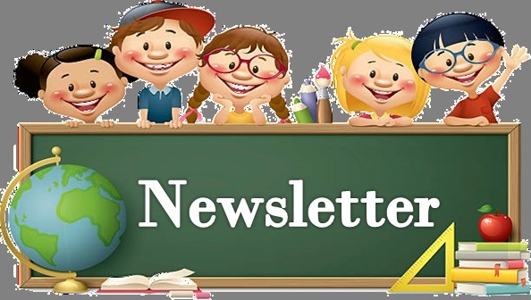 Students behind a chalkboard that says "Newsletter"