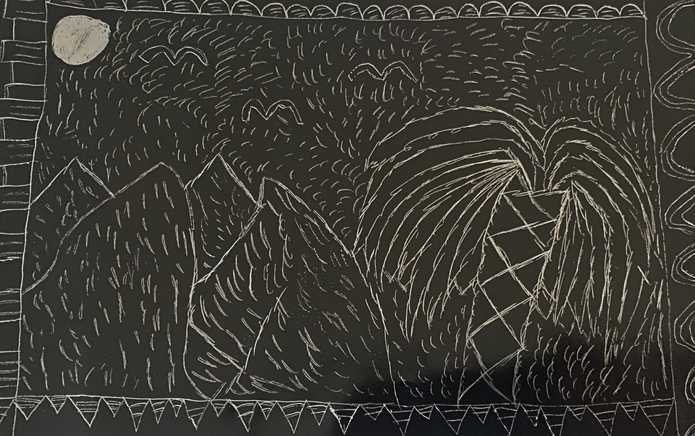 black and silver scratch art of mountains and palm tree with moon and decorative boarder