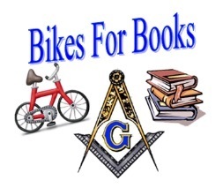 Bikes for Books image of a bicycle, stack of books, and masonic symbol