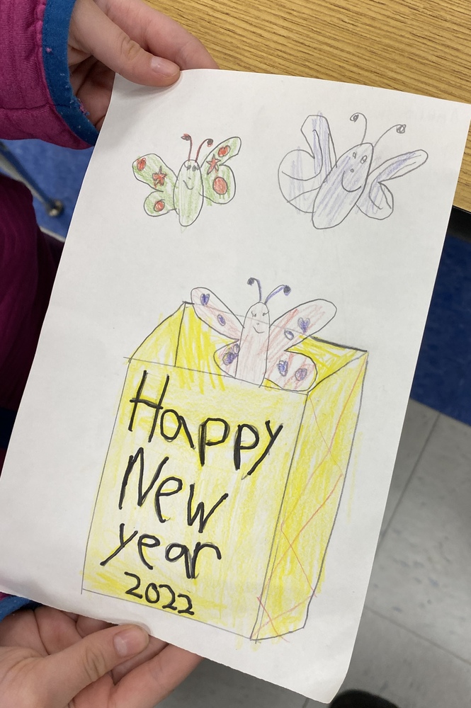 drawing of butterflies emerging from a yellow box. box has writing that reads: Happy New Year 2022