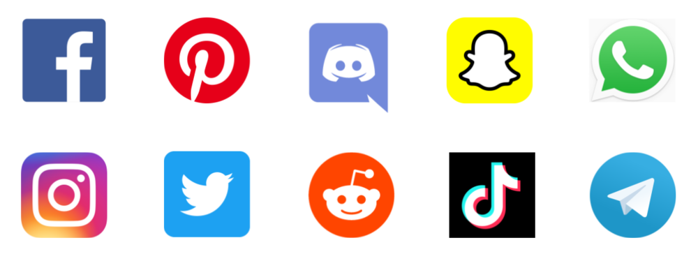 Two rows of Social media logos. top left to right: Facebook, Pintrest, Discord, Snapchat, WhatsApp. Bottom left to right: Instagram, Twitter, Reddit, TikTok, Telegram