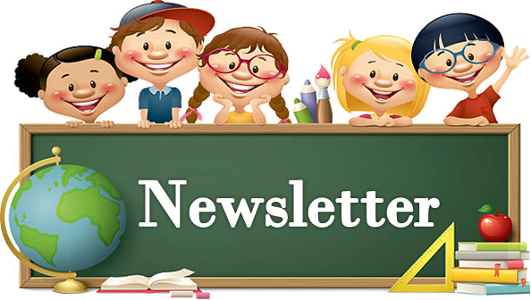 Students behind a chalkboard that says "Newsletter"