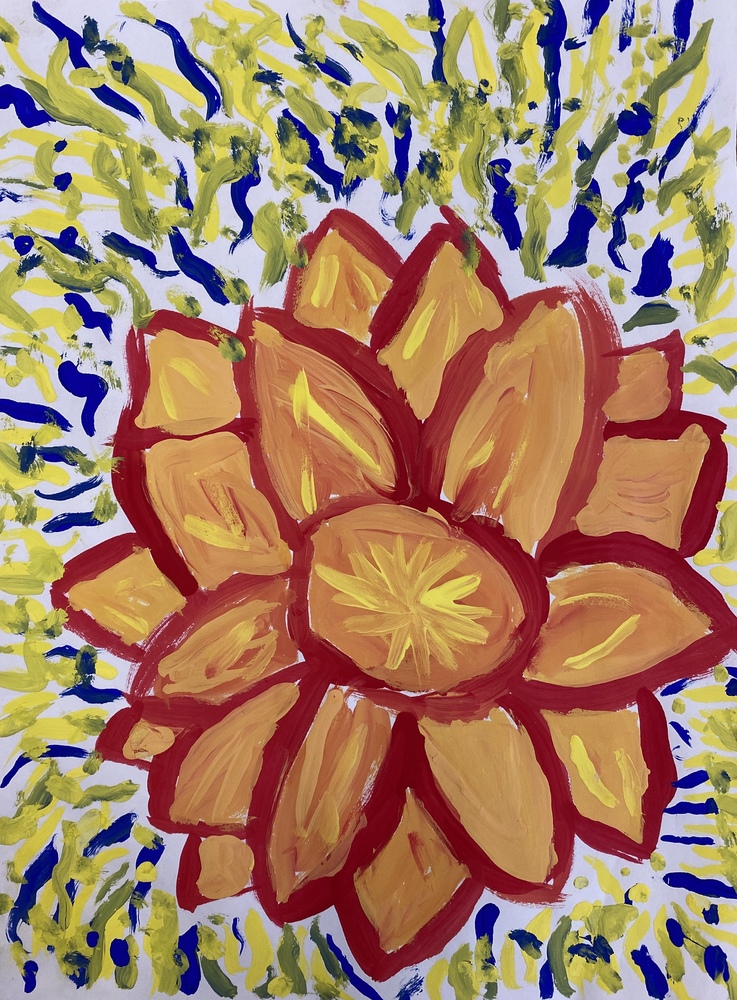 student art orange and red flower blue and yellow background