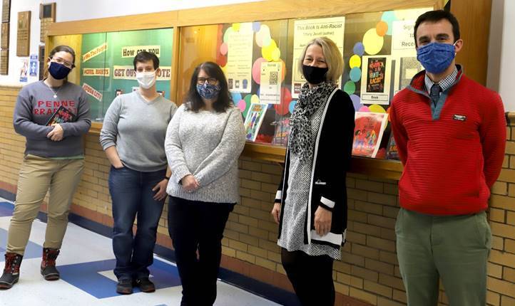 Photo (L-R): Teacher Suzanne Davey, Teacher Rebecca Deschaine, Library Ed. Tech Brenda Fagan, Librarian Dawn Lee, Principal Eric Varney