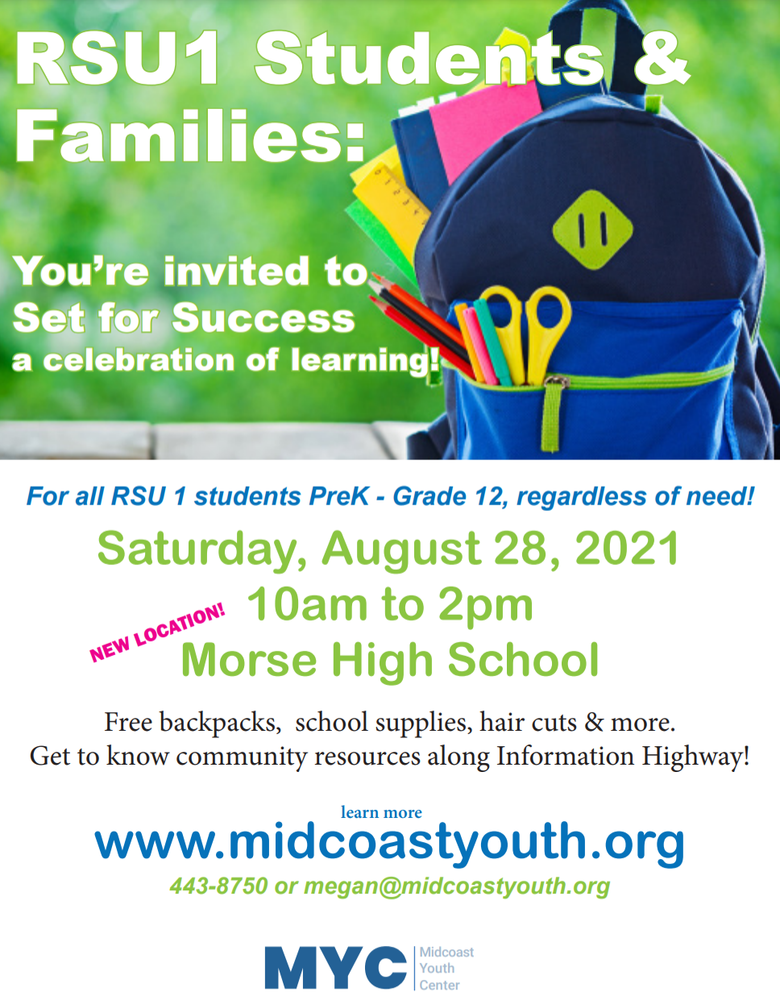 Set for Success flyer showing student backpack filled with school supplies