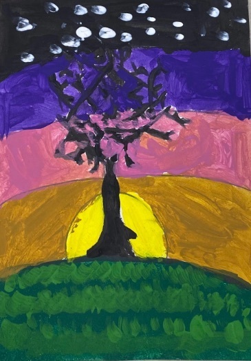 painting of a silhouette of a tree as the sunsets and the stars start to appear in the sky