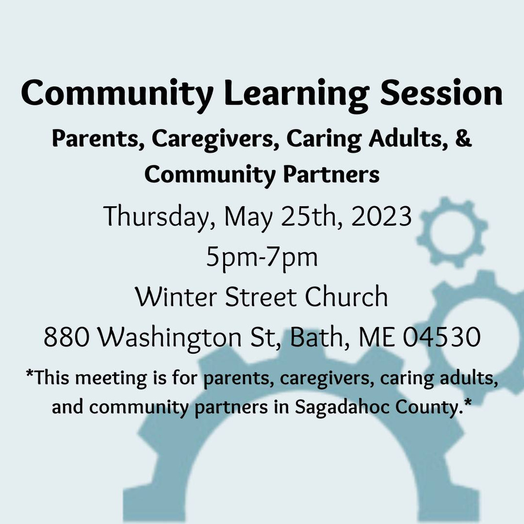 Poster with details about the Community Learning Session evening.  Poster is blue-green with black text, and three gear cogs in darker blue-green